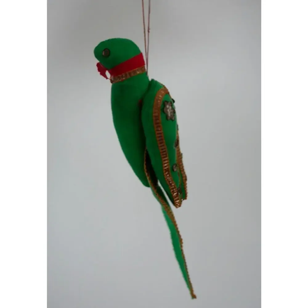 Vintage Handmade India Green Cotton Metal Sparkles Christmas Parrot Ornament